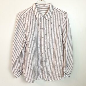Chico’s Long Sleeve Striped Linen Button Up Top with Embroidered Eyelet Detail L
